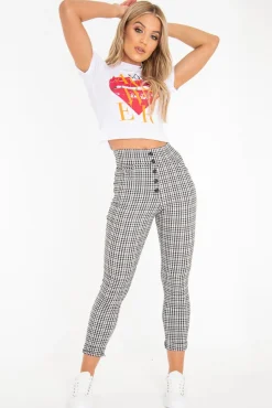 Rebellious Fashion Black White Check Button Front Skinny Leg Trousers - Simone