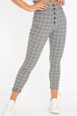 Rebellious Fashion Black White Check Button Front Skinny Leg Trousers - Simone