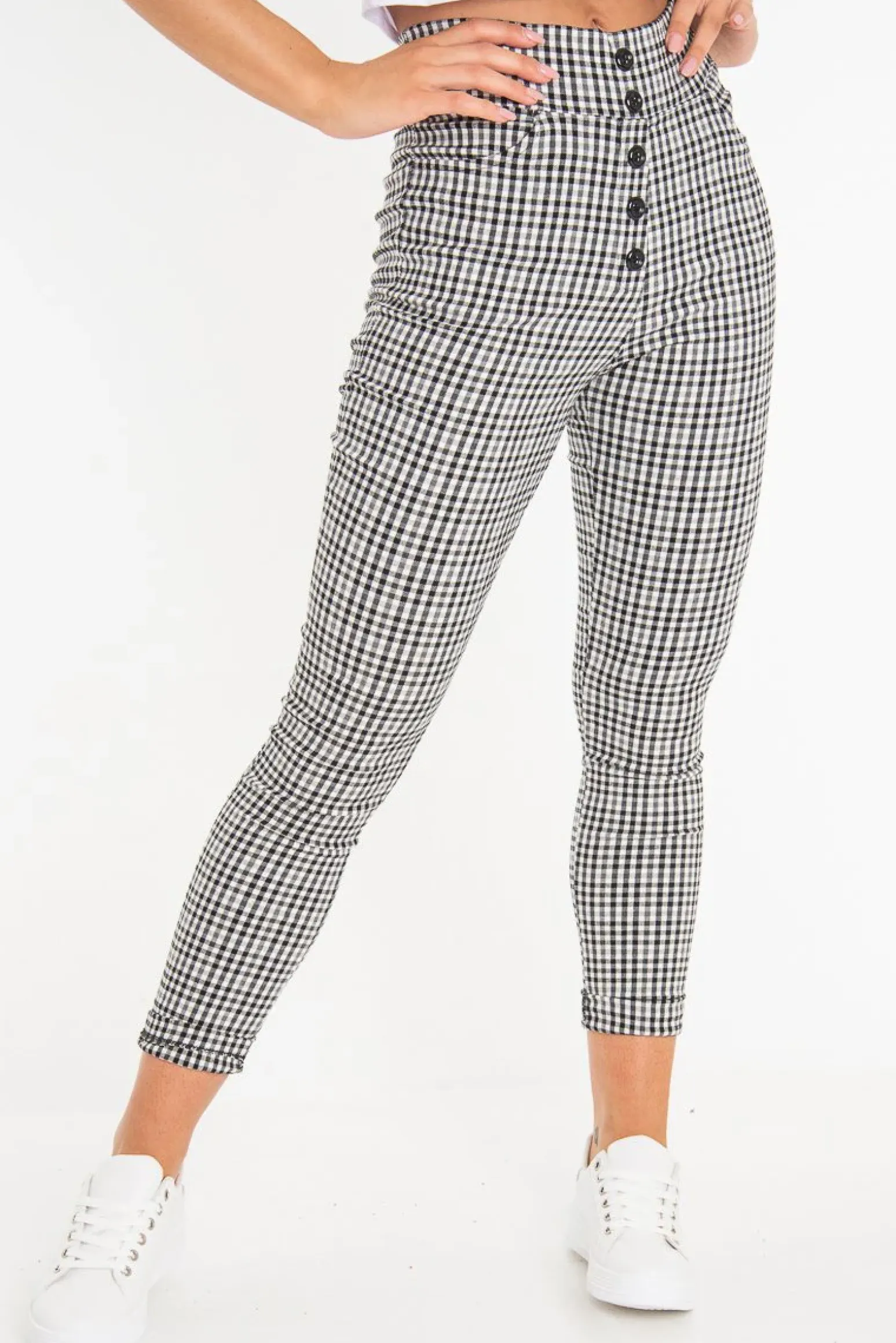 Rebellious Fashion Black White Check Button Front Skinny Leg Trousers - Simone