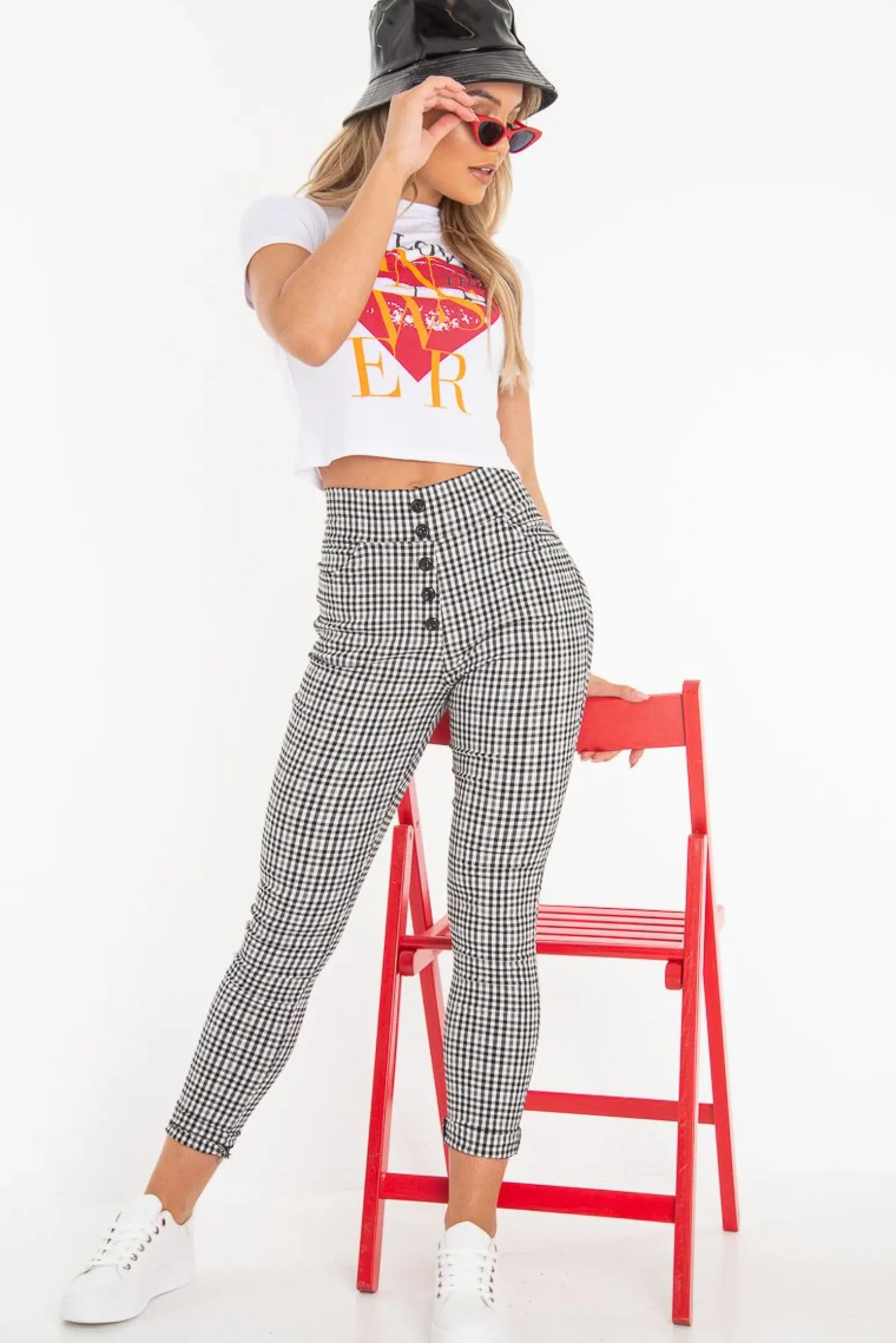 Rebellious Fashion Black White Check Button Front Skinny Leg Trousers - Simone