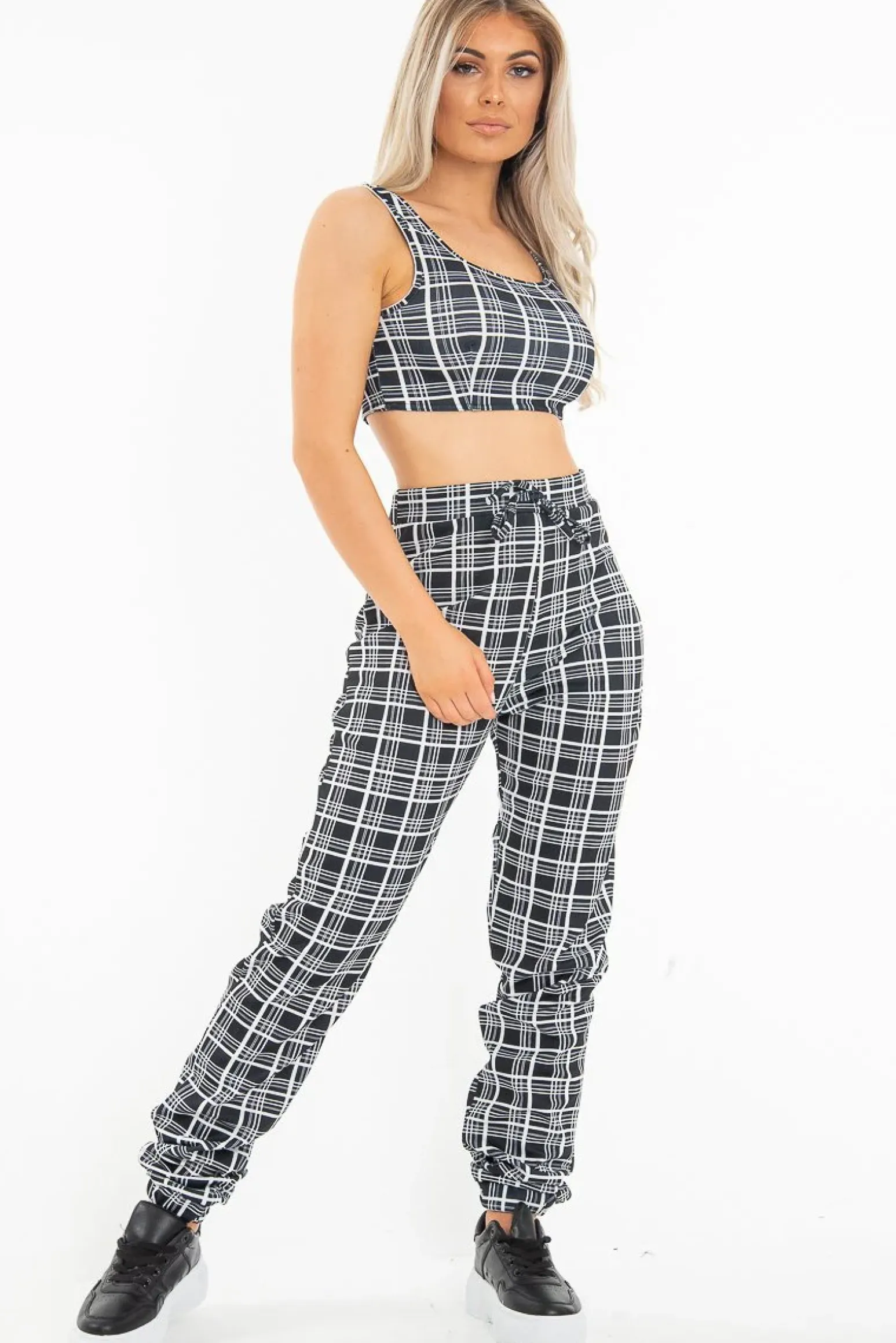 Rebellious Fashion Black White Check Crop Top Trouser Co-Ord - Lynda