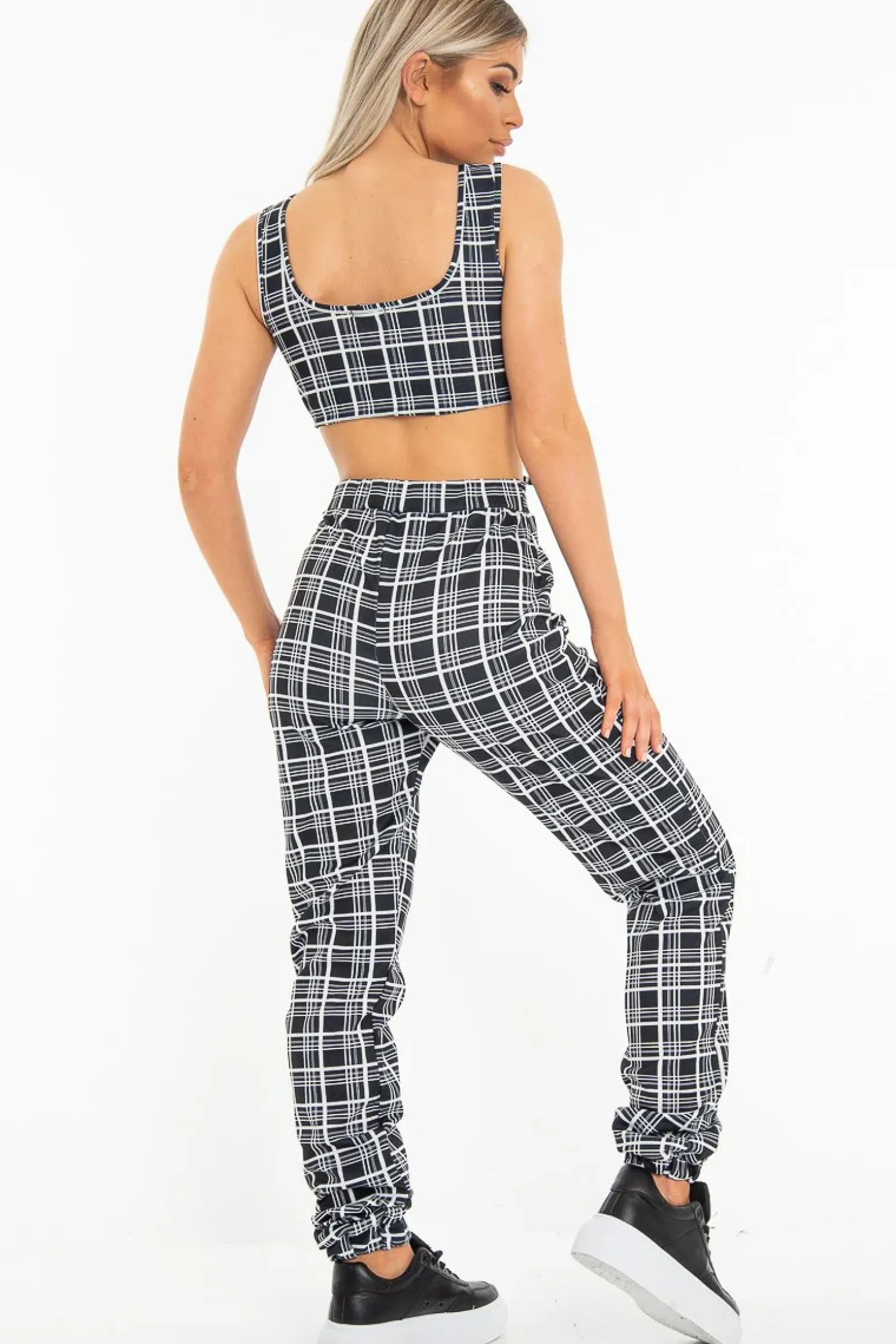 Rebellious Fashion Black White Check Crop Top Trouser Co-Ord - Lynda