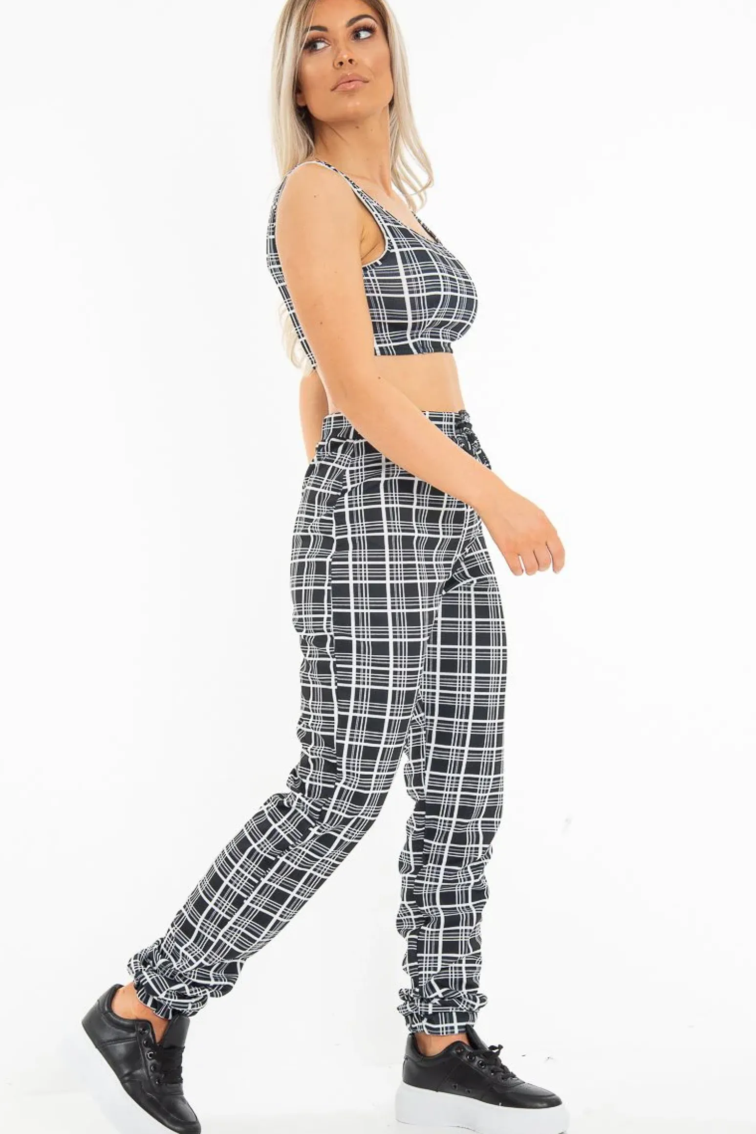 Rebellious Fashion Black White Check Crop Top Trouser Co-Ord - Lynda