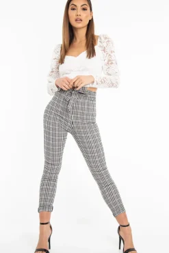 Rebellious Fashion Black White Checked High Waist Tapered Tie Belt Trousers - Airis
