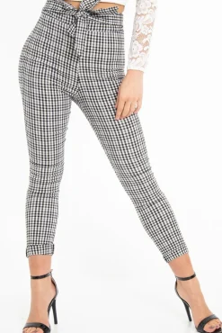 Rebellious Fashion Black White Checked High Waist Tapered Tie Belt Trousers - Airis