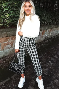 Rebellious Fashion Black White Check Frill Detail Trousers - Bristal