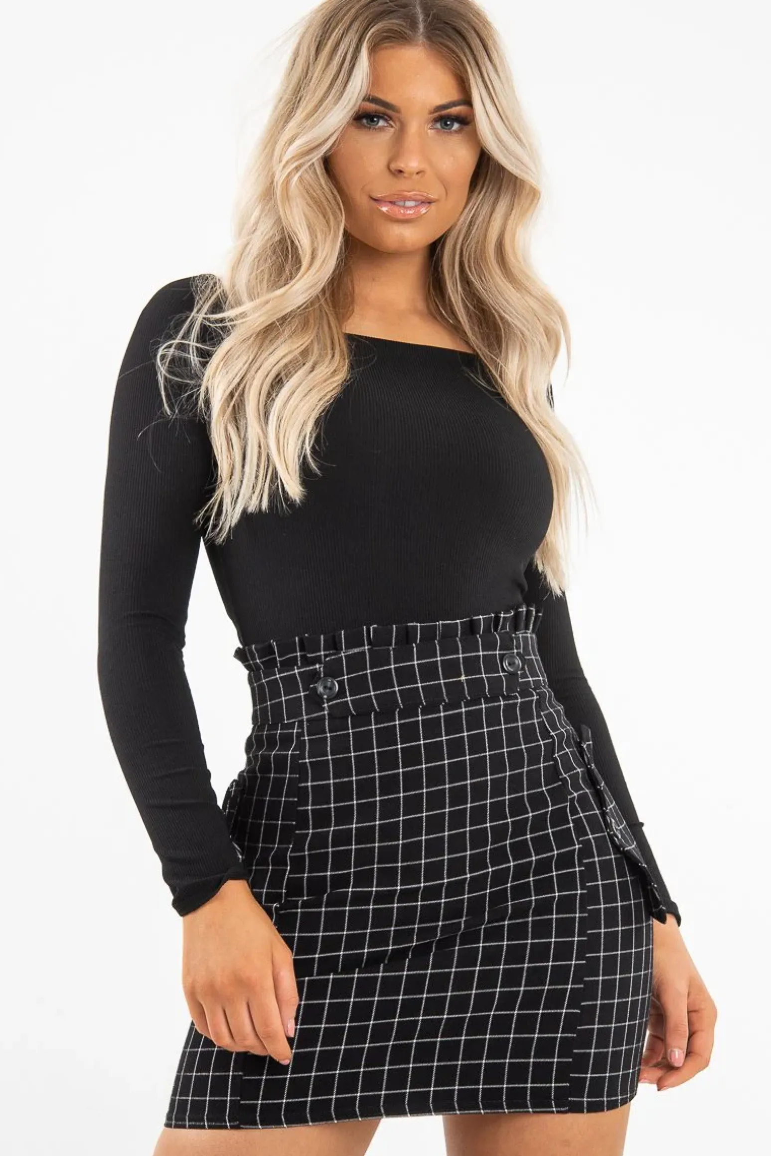 Rebellious Fashion Black White Check Ruffle Waist Zip Front Skirt - Izzie