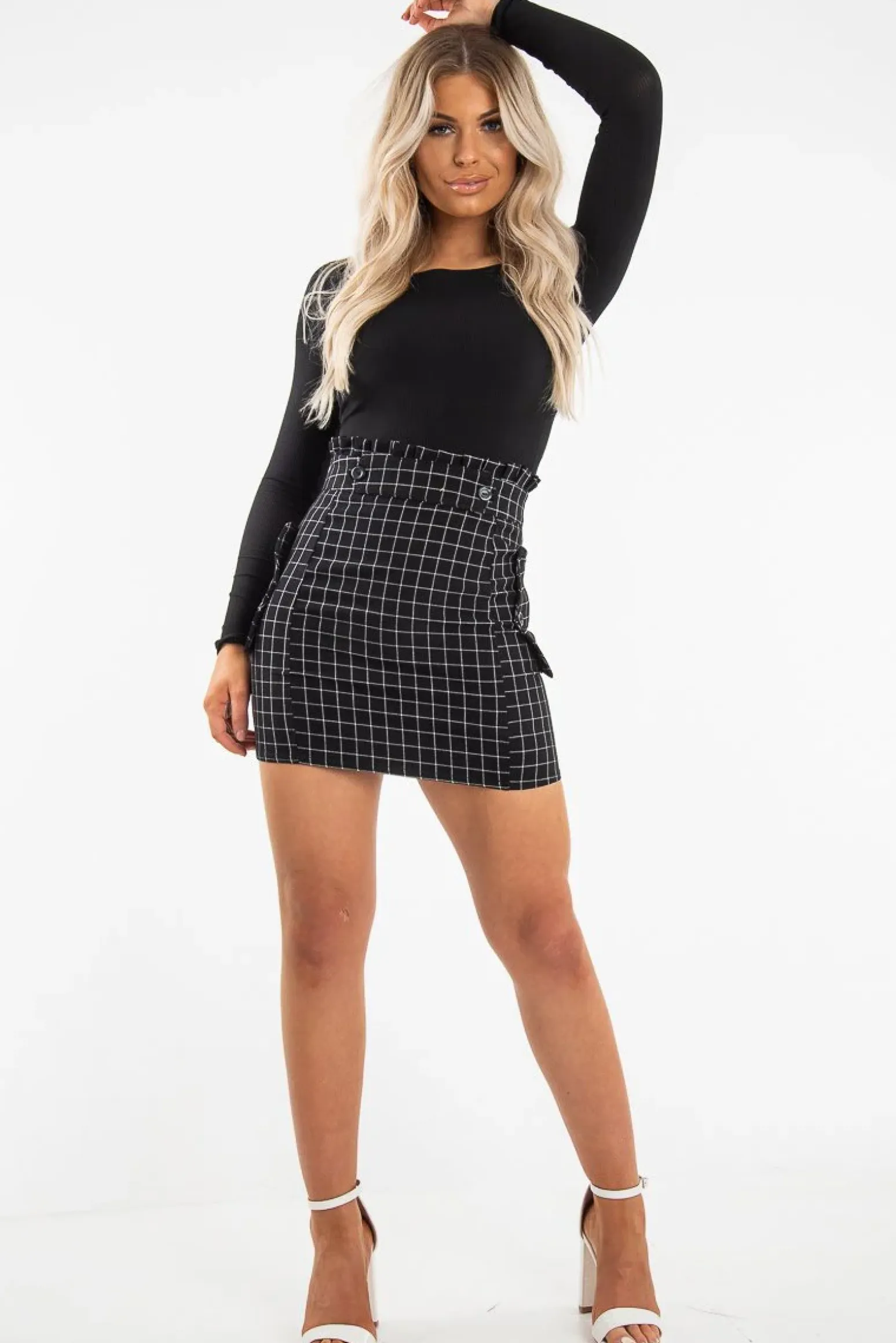 Rebellious Fashion Black White Check Ruffle Waist Zip Front Skirt - Izzie