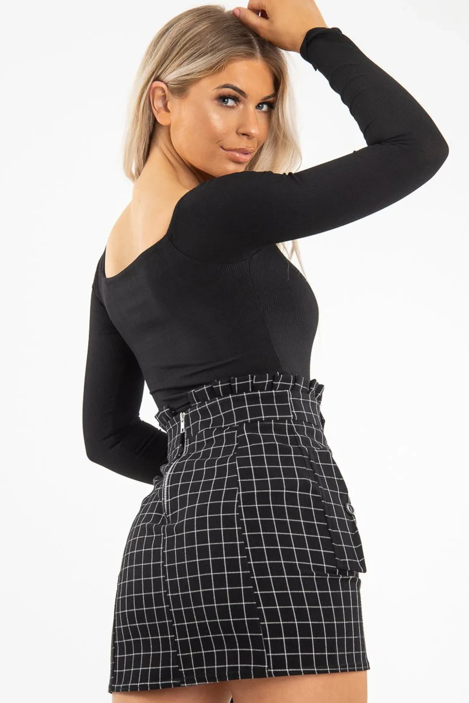 Rebellious Fashion Black White Check Ruffle Waist Zip Front Skirt - Izzie