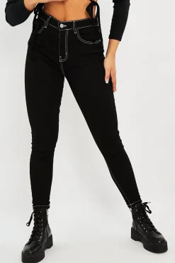 Rebellious Fashion Black White Contrast Stitch Skinny Jeans - Paulina
