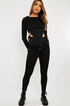 Rebellious Fashion Black White Contrast Stitch Skinny Jeans - Paulina