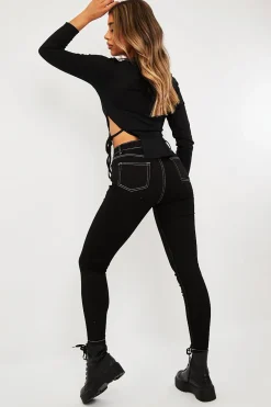 Rebellious Fashion Black White Contrast Stitch Skinny Jeans - Paulina