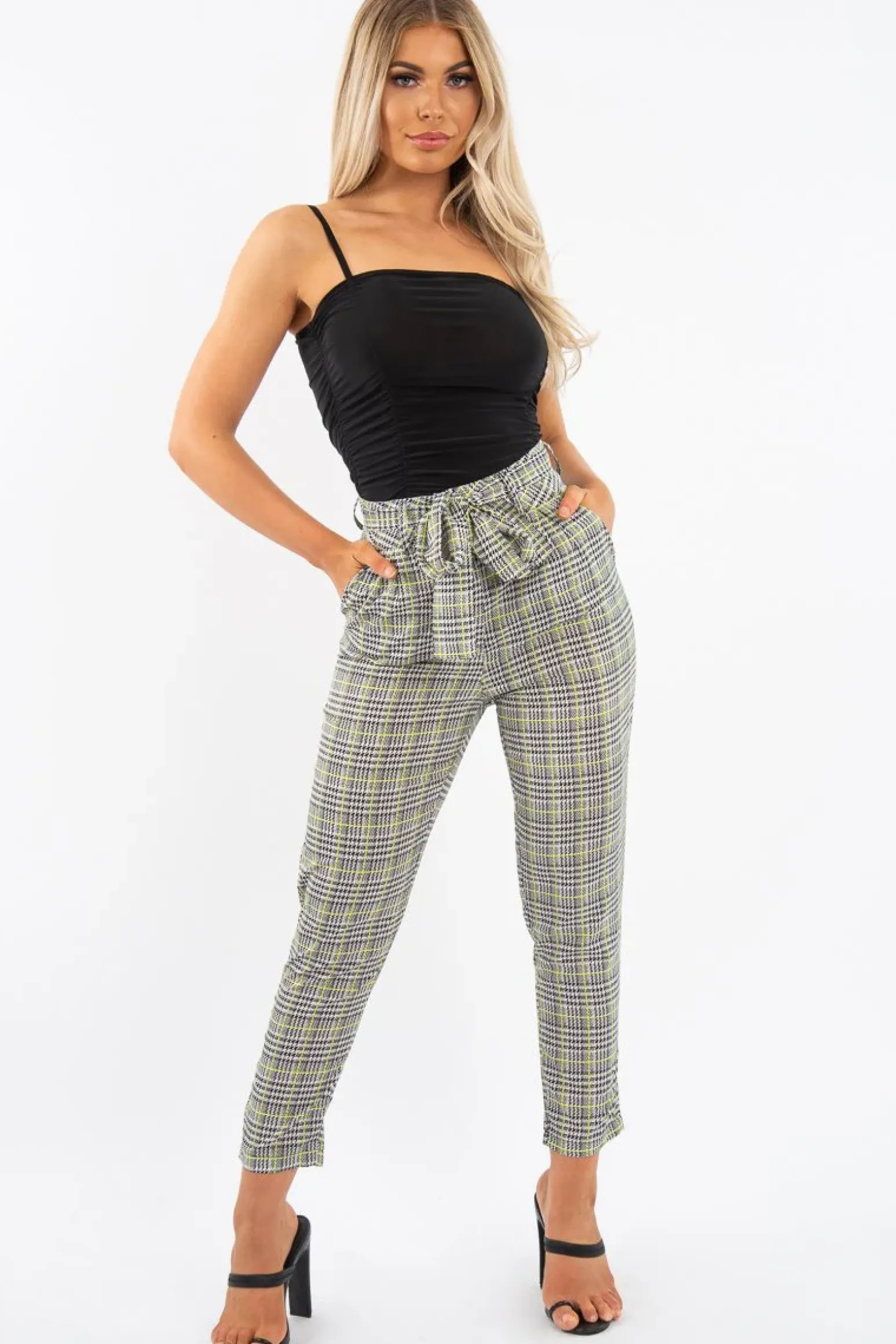 Rebellious Fashion Black White Green Houndstooth Belted Trouser - Xiara