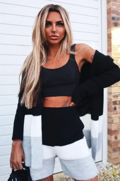 Rebellious Fashion Black White Grey Knitted Shorts and Hooded Cardigan Co-ord - Kyrie