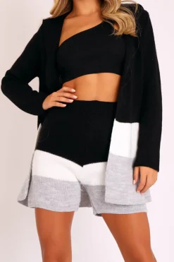 Rebellious Fashion Black White Grey Knitted Shorts and Hooded Cardigan Co-ord - Kyrie
