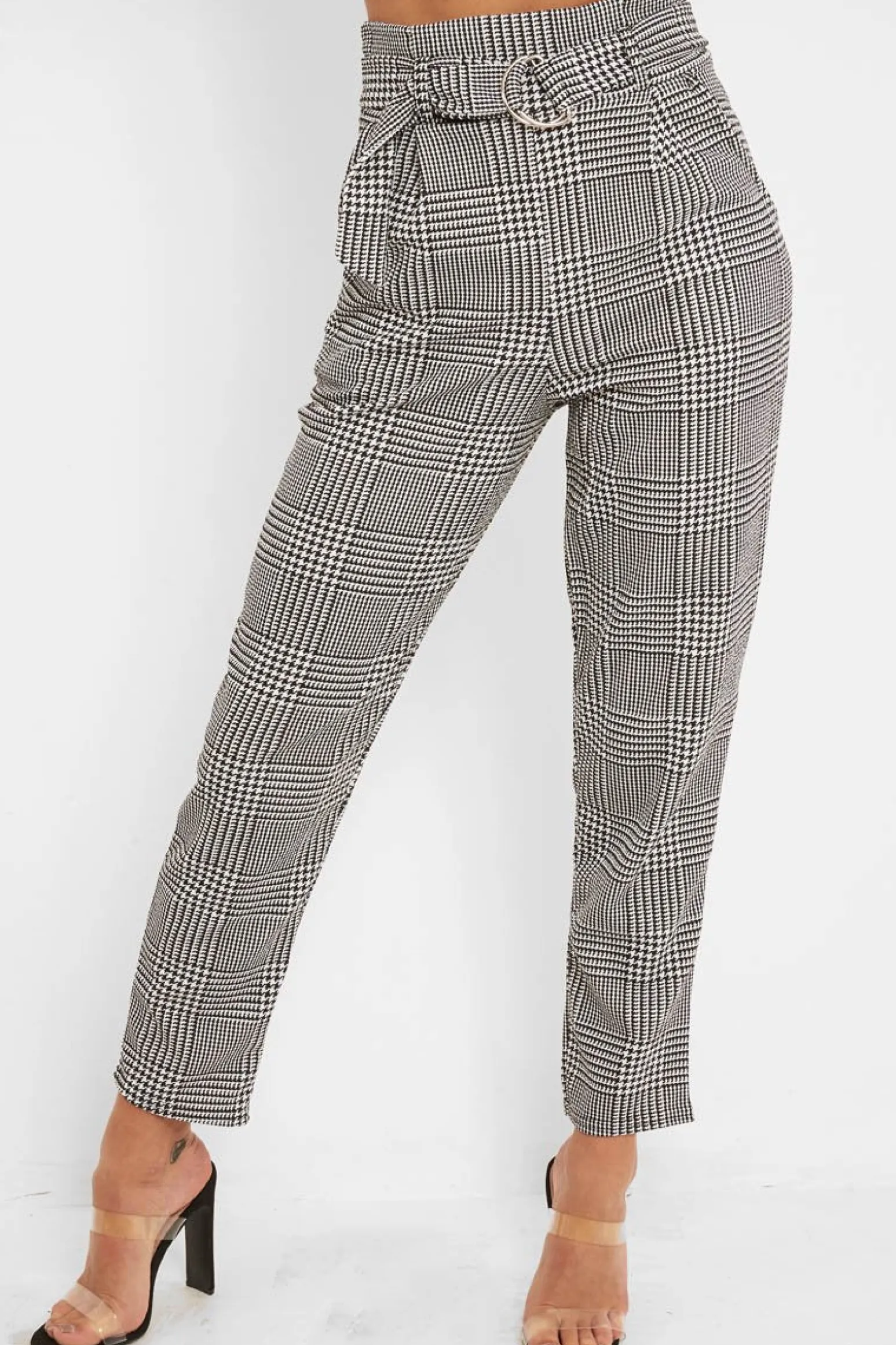 Rebellious Fashion Black White Houndstooth Belted Tapered Trousers - Aasia