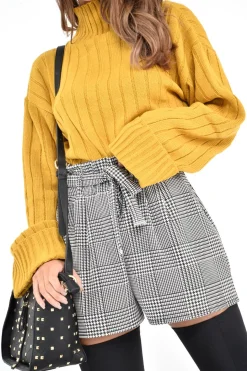 Rebellious Fashion Black White Houndstooth Paper Bag Waist Shorts - Rhyla