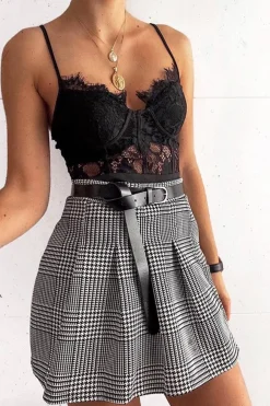 Rebellious Fashion Black White Houndstooth Pleated Mini Skirt - Nyonna