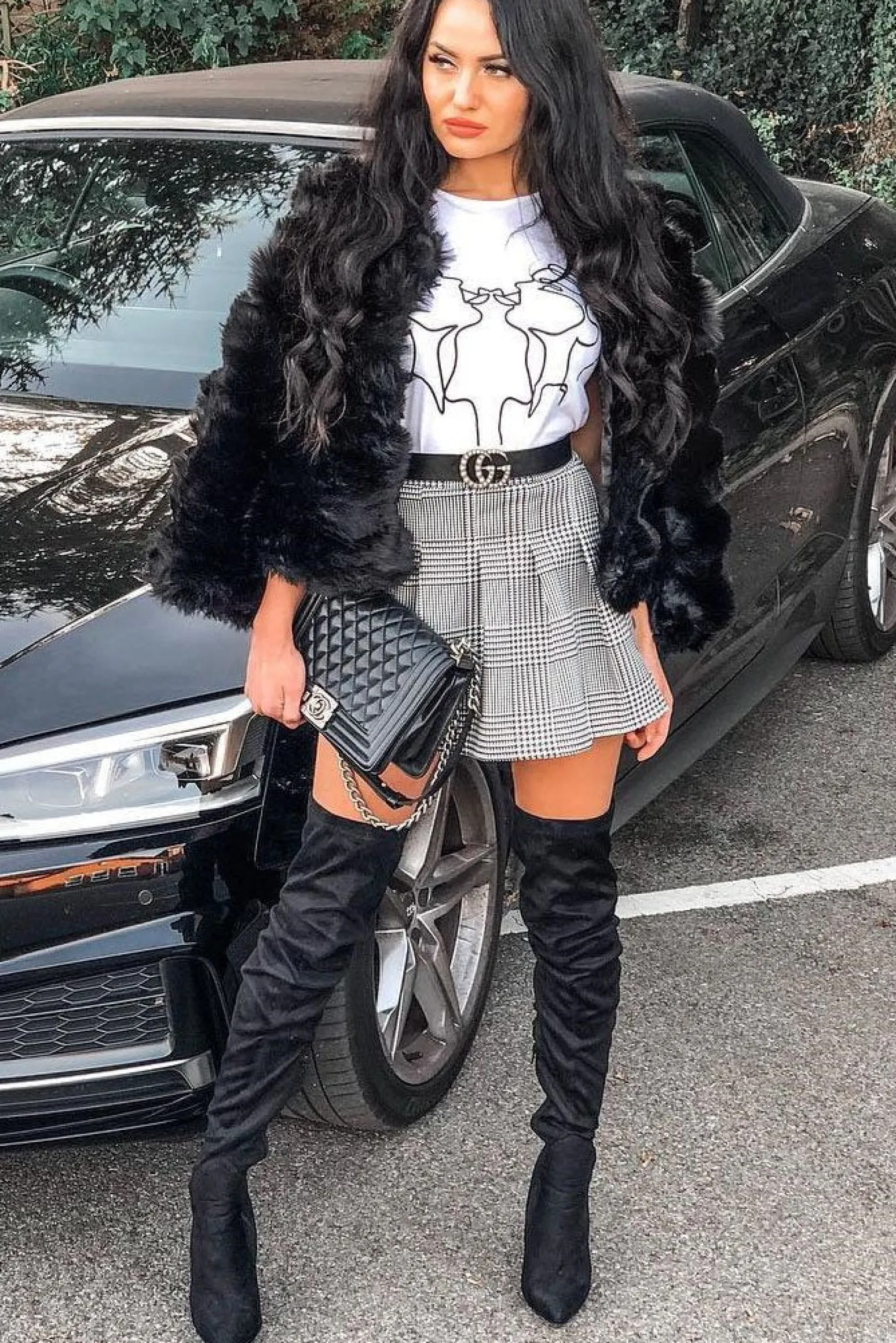 Rebellious Fashion Black White Houndstooth Pleated Mini Skirt - Nyonna