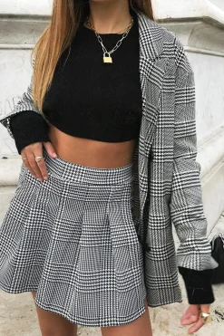 Rebellious Fashion Black White Houndstooth Pleated Mini Skirt - Nyonna