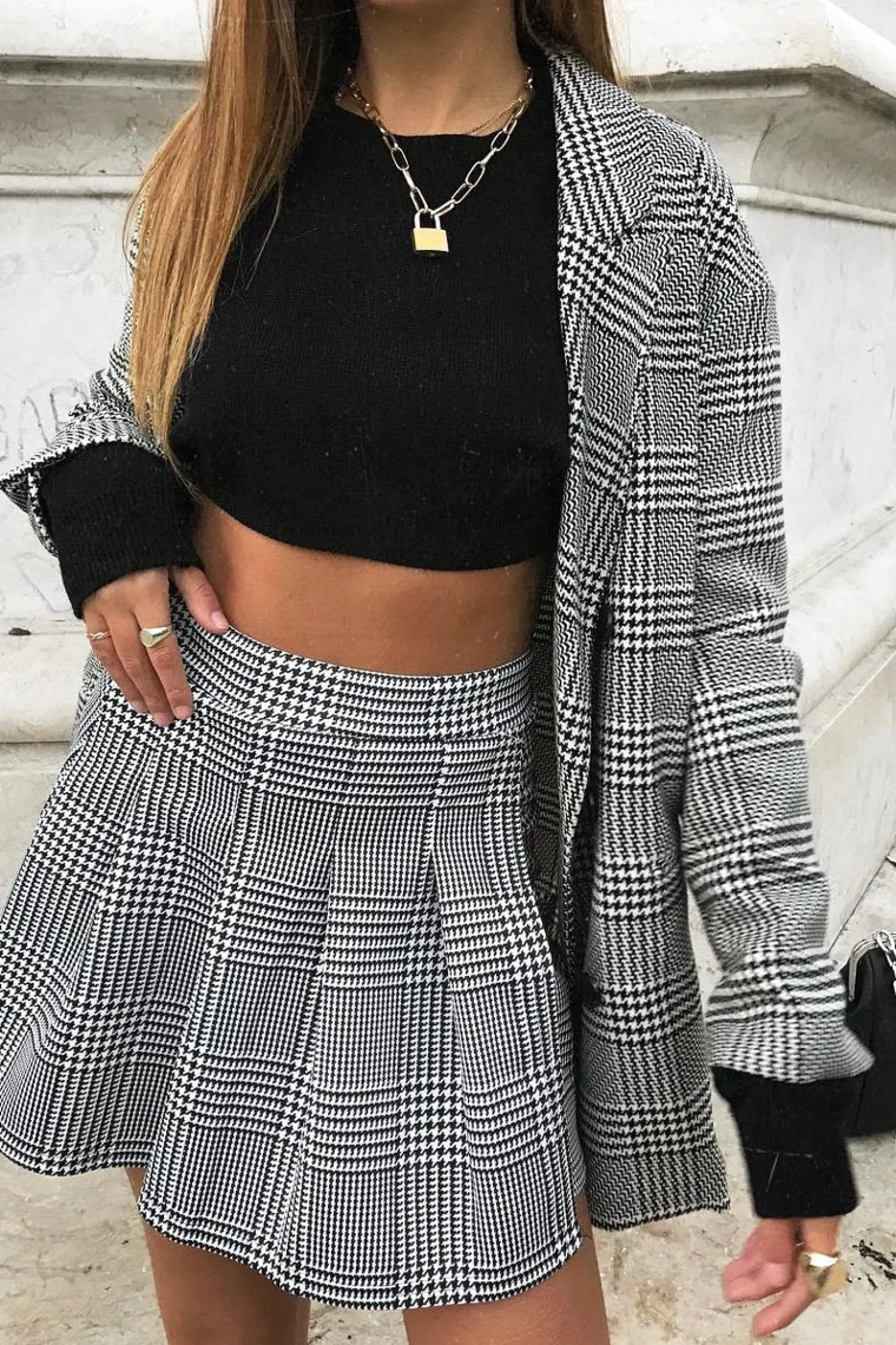 Rebellious Fashion Black White Houndstooth Pleated Mini Skirt - Nyonna