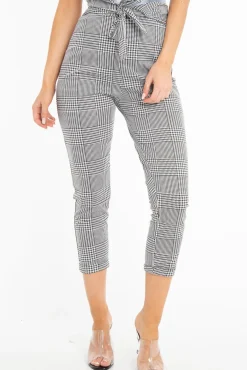Rebellious Fashion Black White Houndstooth Tie Waist Straight Leg Trousers - Sylvi