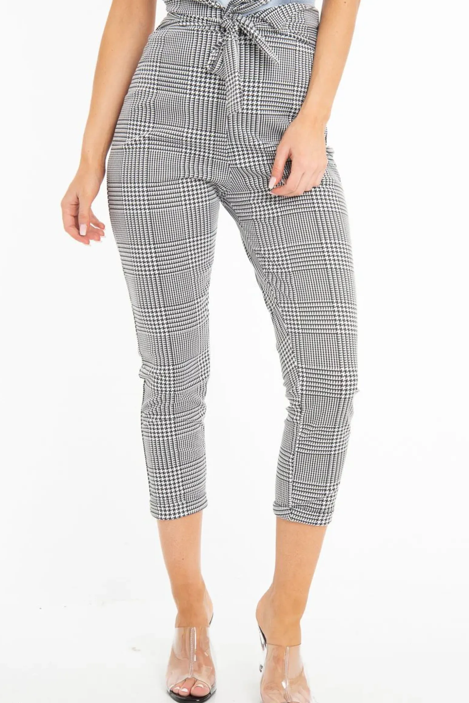 Rebellious Fashion Black White Houndstooth Tie Waist Straight Leg Trousers - Sylvi