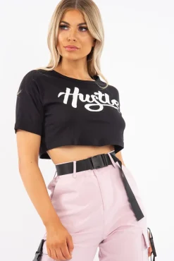 Rebellious Fashion Black White Hustle Slogan Crop T Shirt - Brienna
