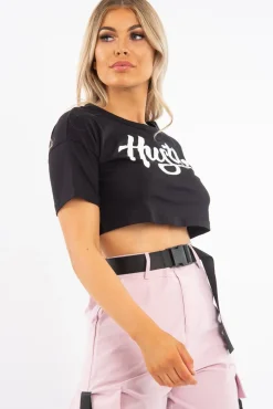 Rebellious Fashion Black White Hustle Slogan Crop T Shirt - Brienna