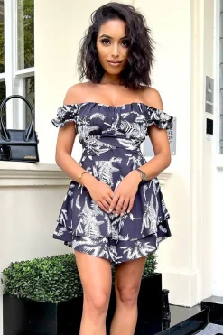 Rebellious Fashion Black White Leaf Print Bardot Playsuit - Parisa