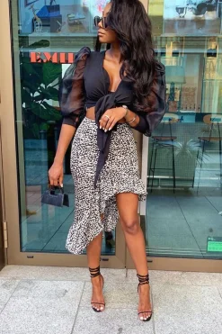 Rebellious Fashion Black White Leopard Print Frilled Hem Midi Skirt - Julia