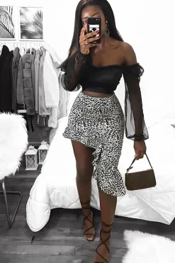Rebellious Fashion Black White Leopard Print Frilled Hem Midi Skirt - Julia