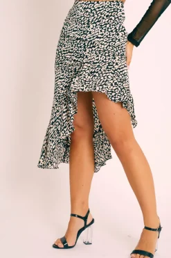 Rebellious Fashion Black White Leopard Print Frilled Hem Midi Skirt - Julia