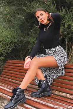 Rebellious Fashion Black White Leopard Print Frilled Hem Midi Skirt - Julia