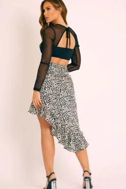 Rebellious Fashion Black White Leopard Print Frilled Hem Midi Skirt - Julia