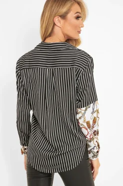 Rebellious Fashion Black White Pinstripe Chain Print Insert Shirt - Georgena