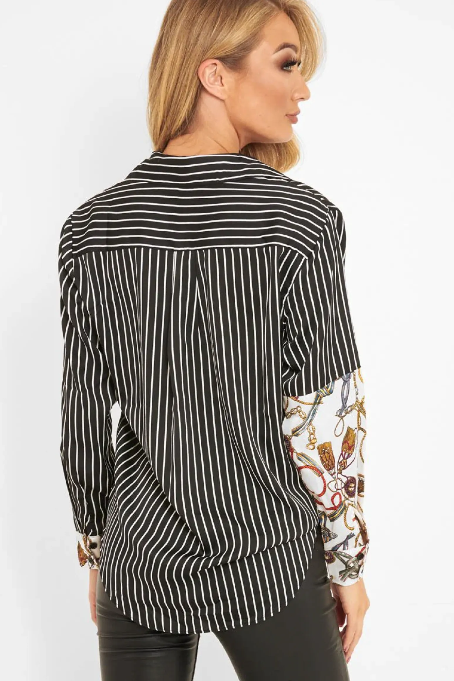 Rebellious Fashion Black White Pinstripe Chain Print Insert Shirt - Georgena
