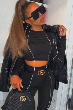 Rebellious Fashion Black White Piped Crop Top Legging Co-ord - Deona