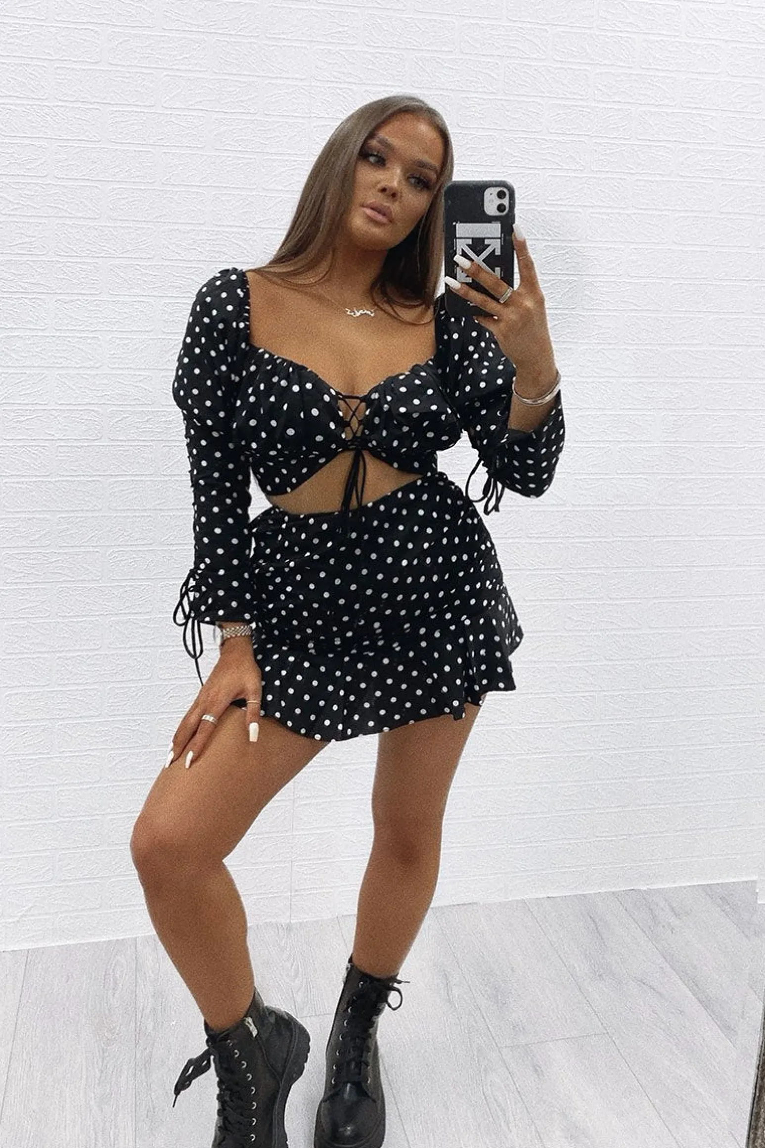 Rebellious Fashion Black White Polka Corset Crop + Skirt Co-ord - Oceana