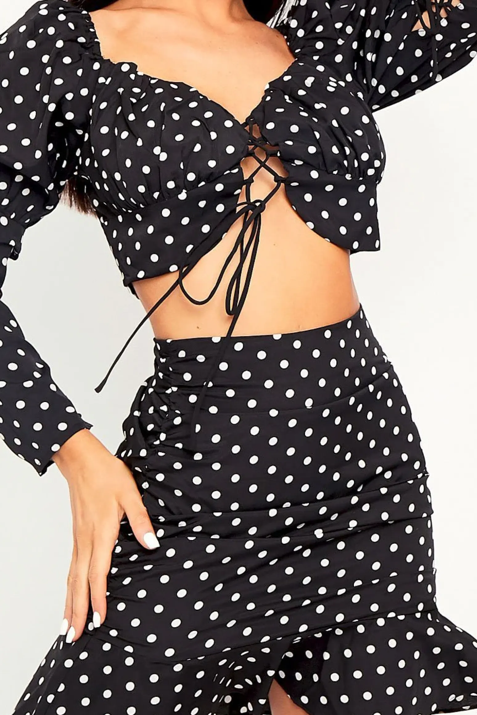 Rebellious Fashion Black White Polka Corset Crop + Skirt Co-ord - Oceana