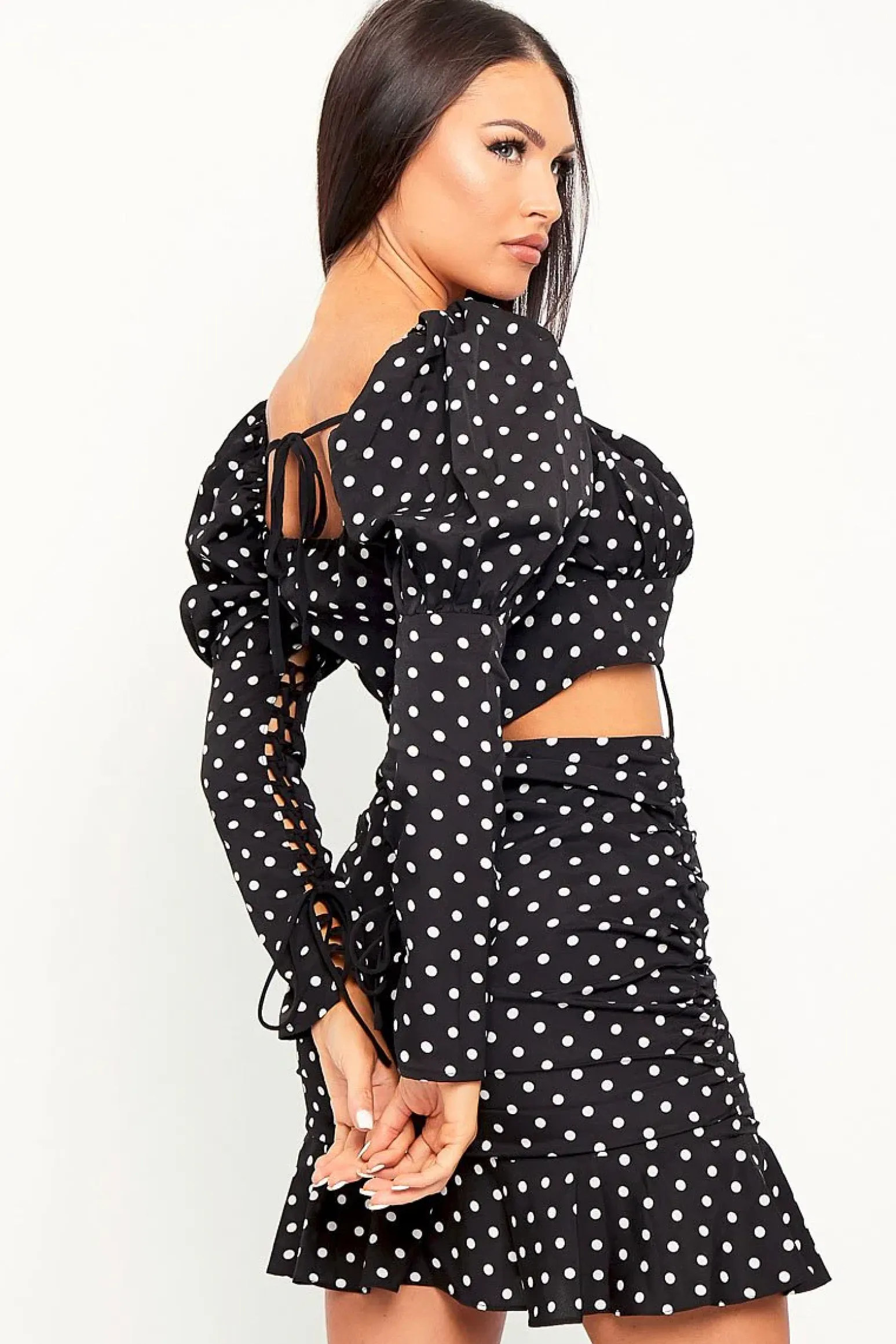 Rebellious Fashion Black White Polka Corset Crop + Skirt Co-ord - Oceana