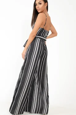 Rebellious Fashion Black White Polka Dot Stripe Mix Plunge Jumpsuit - Jorja