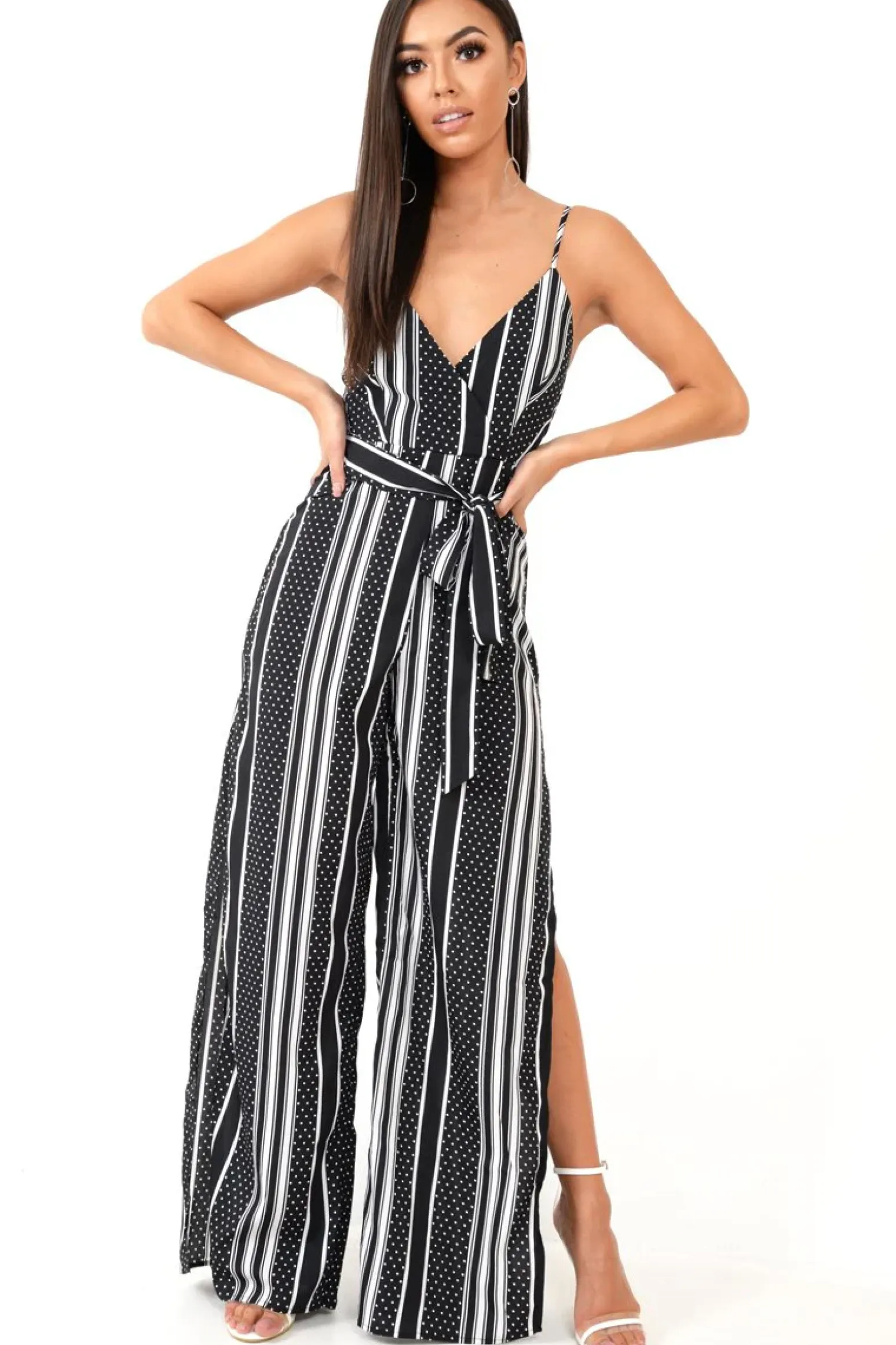 Rebellious Fashion Black White Polka Dot Stripe Mix Plunge Jumpsuit - Jorja