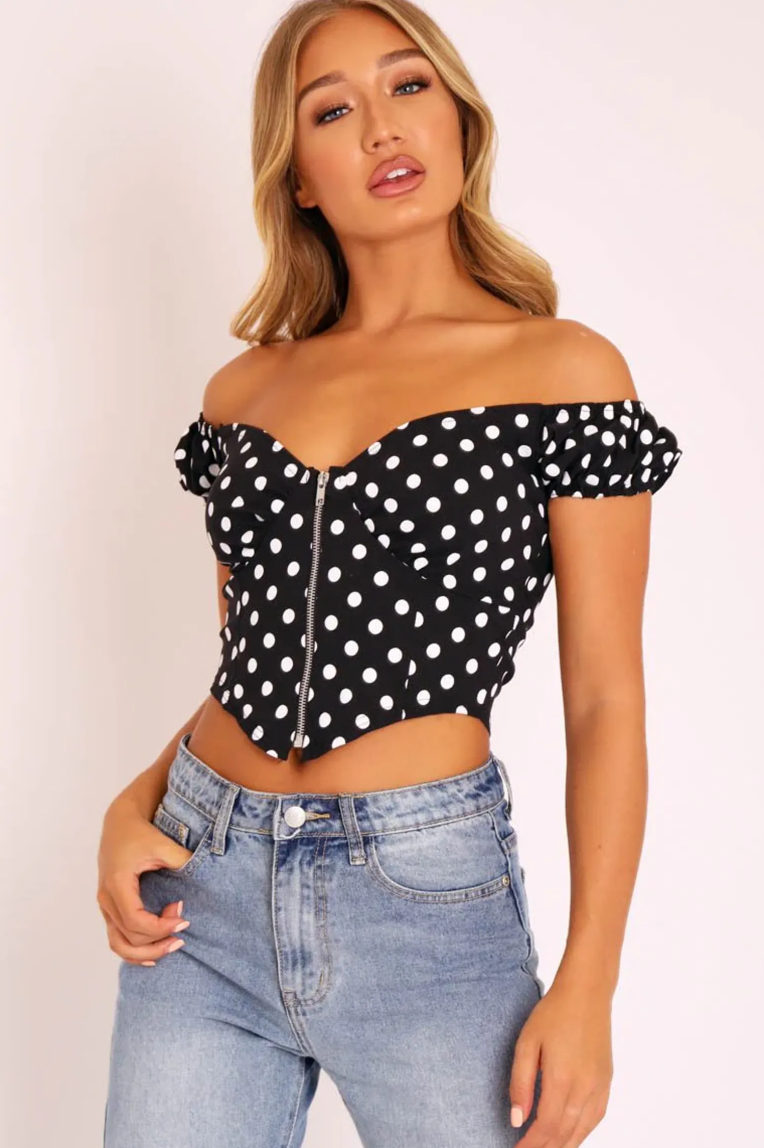 Rebellious Fashion Black White Polka Dot Zip Front Milkmaid Crop Top - Rubie