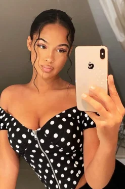 Rebellious Fashion Black White Polka Dot Zip Front Milkmaid Crop Top - Rubie