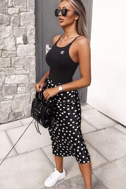 Rebellious Fashion Black White Polka Jacquard Print Satin Midi Skirt - Taija