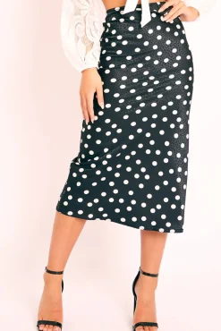 Rebellious Fashion Black White Polka Jacquard Print Satin Midi Skirt - Taija