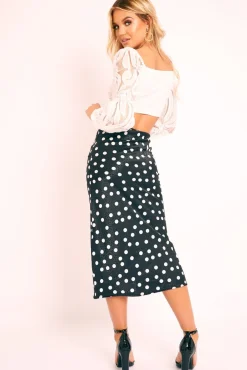 Rebellious Fashion Black White Polka Jacquard Print Satin Midi Skirt - Taija