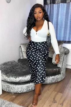 Rebellious Fashion Black White Polka Jacquard Print Satin Midi Skirt - Taija