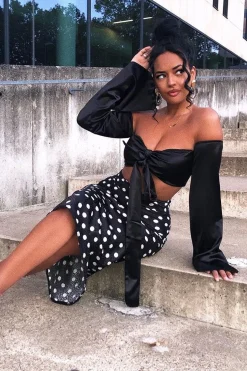 Rebellious Fashion Black White Polka Jacquard Print Satin Midi Skirt - Taija